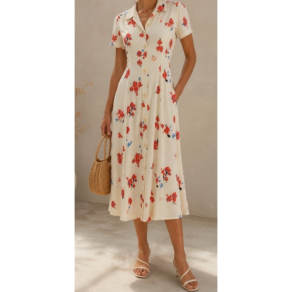 Reformation Sheila Floral Midi Dress 0 Ivory Red Blue Button Front Cottagecore - Picture 3 of 16